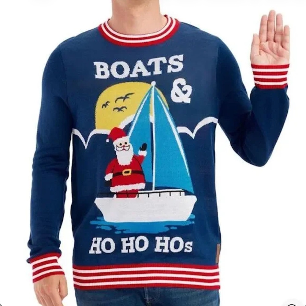 Tipsy Elves Boats & Ho Ho Hos Ugly Christmas Sweater Blue